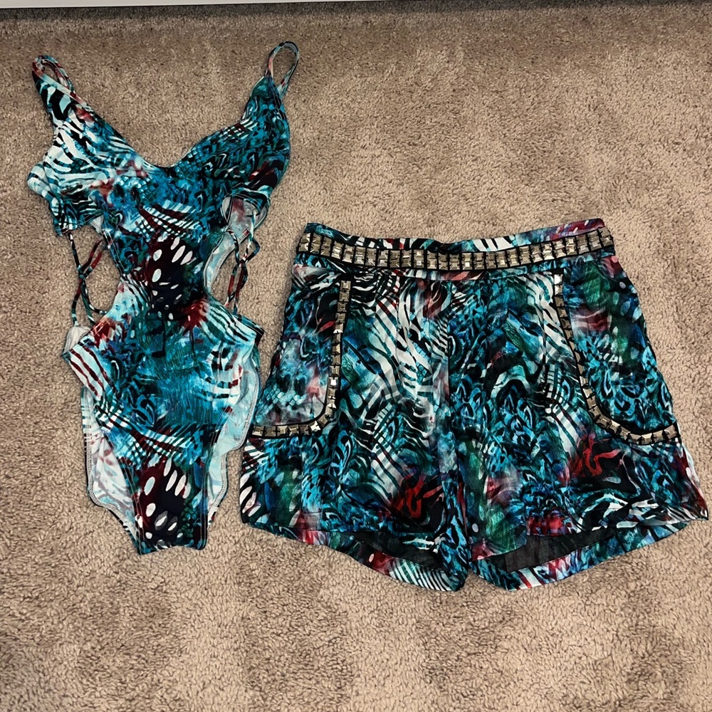 LISA MAREE FREE PEOPLE MONOKINI SWIM SET SHORTS COVERUP NWT